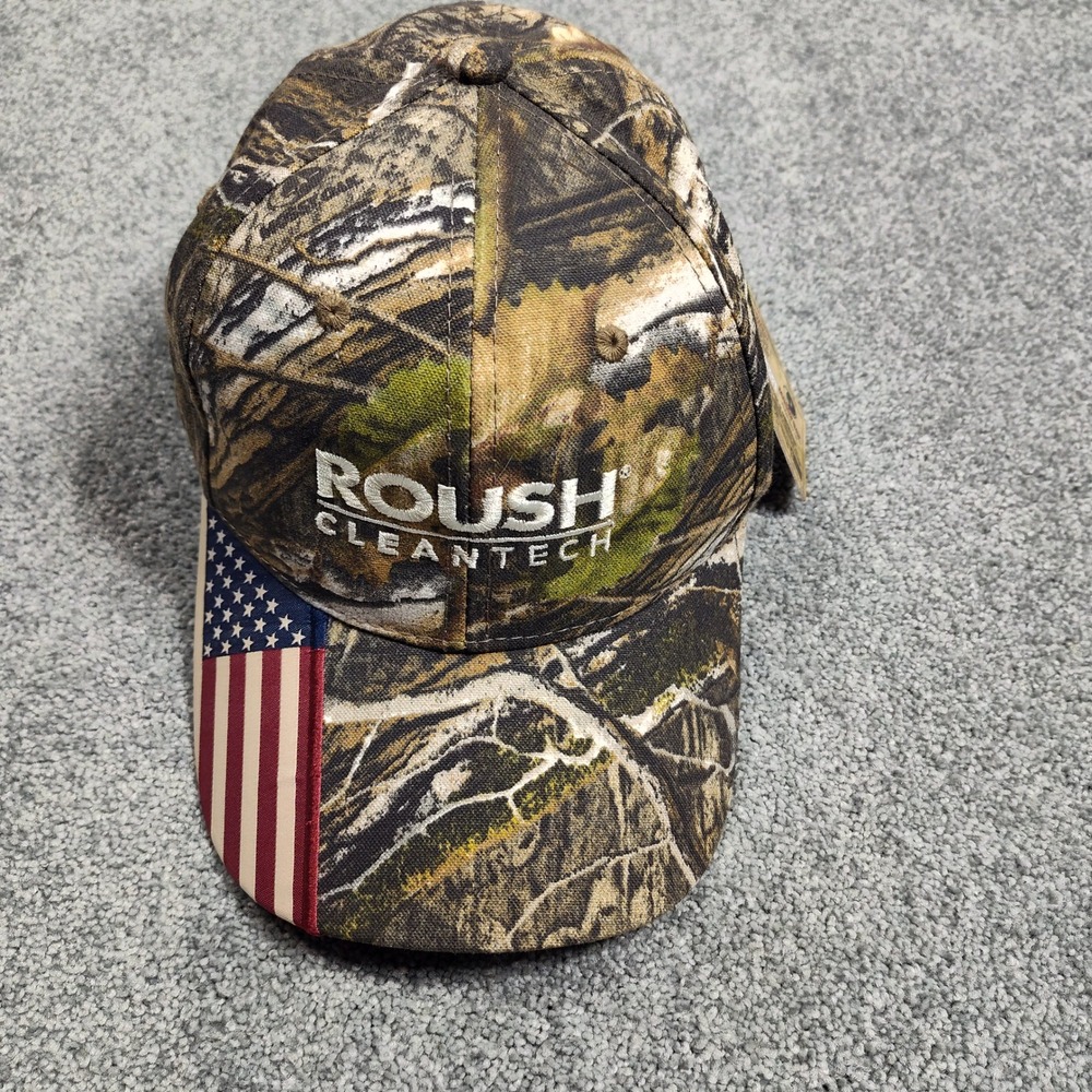 Roush CleanTech Mossy Oak Camo Hat American Flag Bill Adjustable Outdoor Cap
